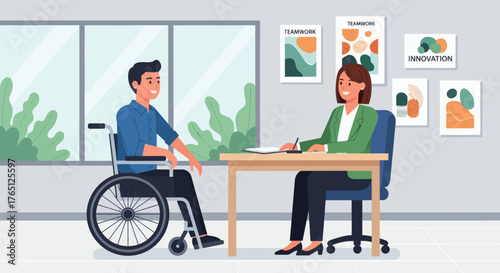 Man in wheelchair having a job interview with a female recruiter in an office setting.