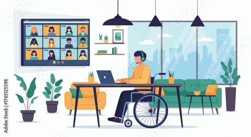 Man in wheelchair working remotely from home participating in a video conference call.