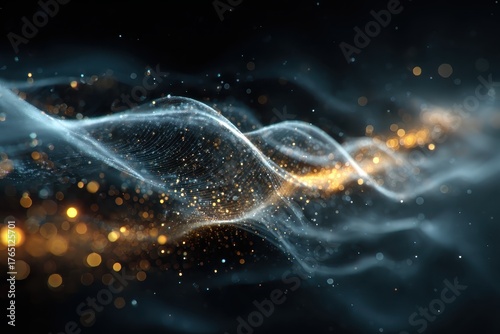 Abstract flowing lines with glowing gold particles against a dark, blurry background. Great for tech, science, or magical designs with a mystical and dreamy vibe.
