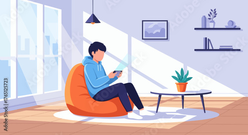 Man Relaxing at Home with Mobile Device.