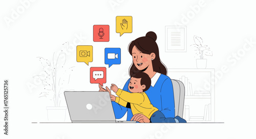 Mother and child balancing work and family life at home.