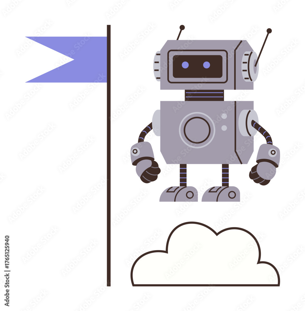 Fototapeta premium Robot with expressive design stands near a blue flag and a cloud outline. Ideal for AI, robotics, innovation, success, achievement, futuristic concepts, and tech development. A simple flat metaphor