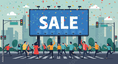 People running towards a large billboard displaying SALE in a city.