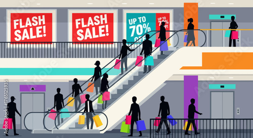 People shopping in a modern mall with flash sale banners.