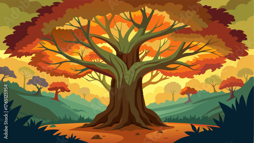 An ancient oak tree stands majestically in the center of the forest its branches adorned with s of richly colored leaves.