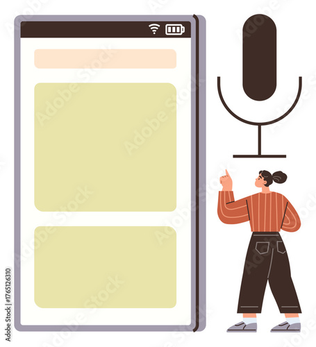 Large smartphone with visible app interface, prominent microphone icon for voice input, and a woman gesturing. Ideal for voice command, technology, user interaction, innovation, communication, AI