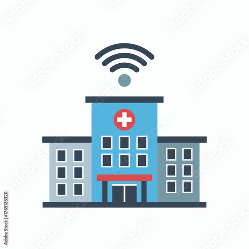 Smart Hospital Building with WiFi Signal Icon.