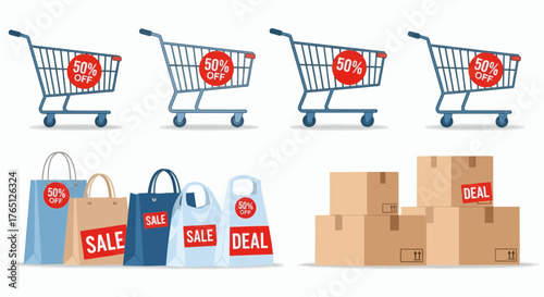 Shopping Carts and Bags with Sale and Deal Labels.