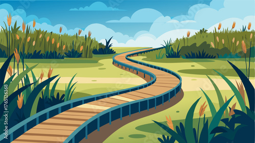 A boardwalk winding through the tall grasses and over small bridges allowing visitors to take in the diverse ecosystem of the wetlands up close.