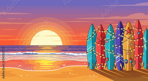 Surfboards at Sunset A Beach Holiday Scene.