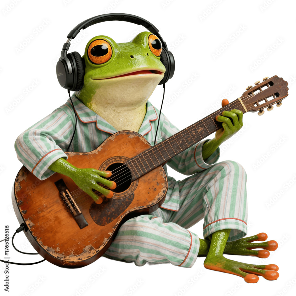 Obraz premium Anthropomorphic frog serenades in striped pajamas
