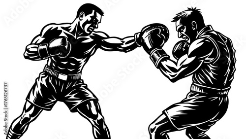 Black and White Vector Illustration of Boxing Sparring