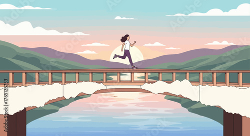 Woman Running Across a Bridge Over a River at Sunset.