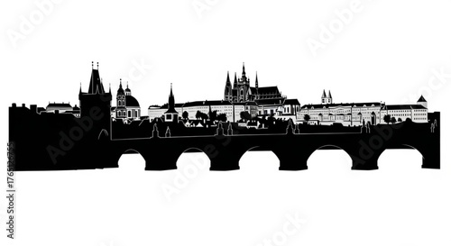 Silhouette of prague skyline featuring charles bridge and various buildings against a white background