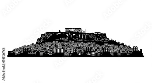 Silhouette of a city skyline with buildings and a temple on a hill in black and white vector art