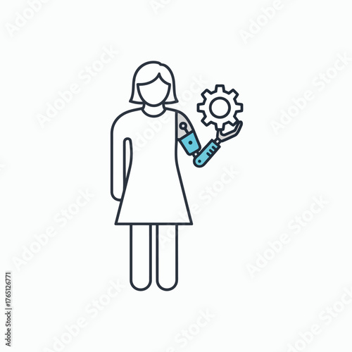 Woman with Bionic Arm and Gear Icon Representing Advanced Prosthetics and Technology.