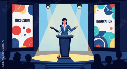 Woman Speaker on Stage Discussing Inclusion and Innovation.