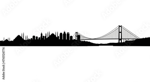 Silhouette of istanbul cityscape with mosques, skyscrapers, and a suspension bridge against a white background