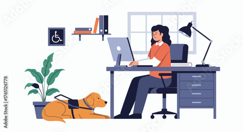 Woman working at desk with service dog in an accessible office.