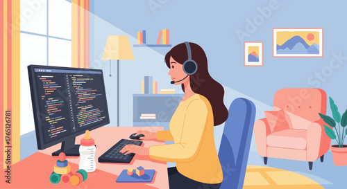 Woman working from home on computer with headset.
