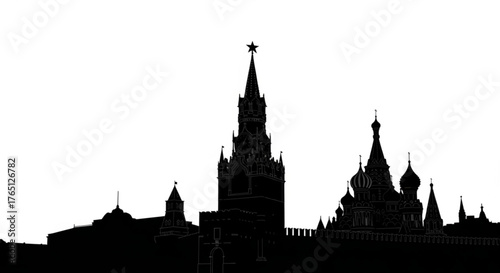 Silhouette of moscow kremlin and saint basil's cathedral against a white background at daytime view is visible