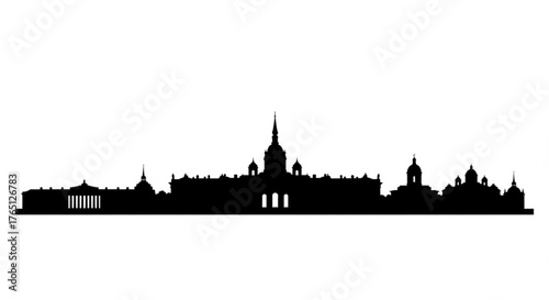 Silhouette of a city skyline with various buildings and architectural structures in a dark monochrome design