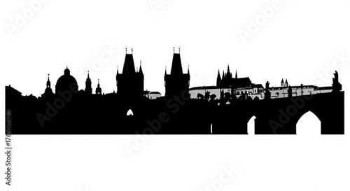 Silhouette of prague cityscape featuring charles bridge and various buildings against a white background
