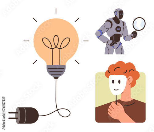 Light bulb plugged in and glowing, humanoid AI robot analyzing with magnifying glass, person holding mask symbolizing identity. Ideal for technology, creativity, AI ethics, innovation, research