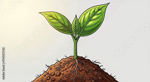 Vibrant Green Sprout Emerging from Rich Brown Soil with Bright Background.