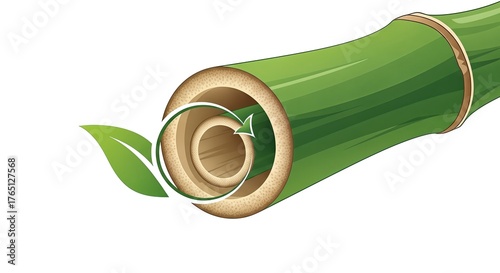 Bamboo stalk cross-section with a green leaf on a white background.