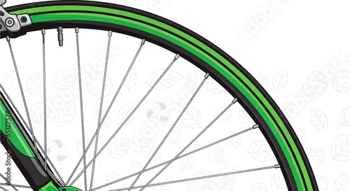 Close-up of a bicycle wheel with vibrant green rim and spokes against a white background.