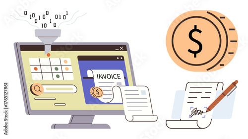 Computer screen displaying invoice generation, data funneling into automation tools, signed digital documents, and currency icon. Ideal for finance, technology, innovation, automation, business