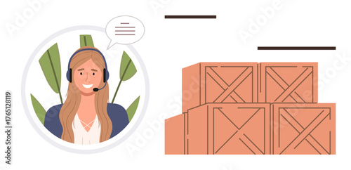 Smiling female agent with headset handling queries near wooden cargo boxes. Ideal for logistics, communication, support, e-commerce, delivery, customer assistance, teamwork. A simple flat metaphor