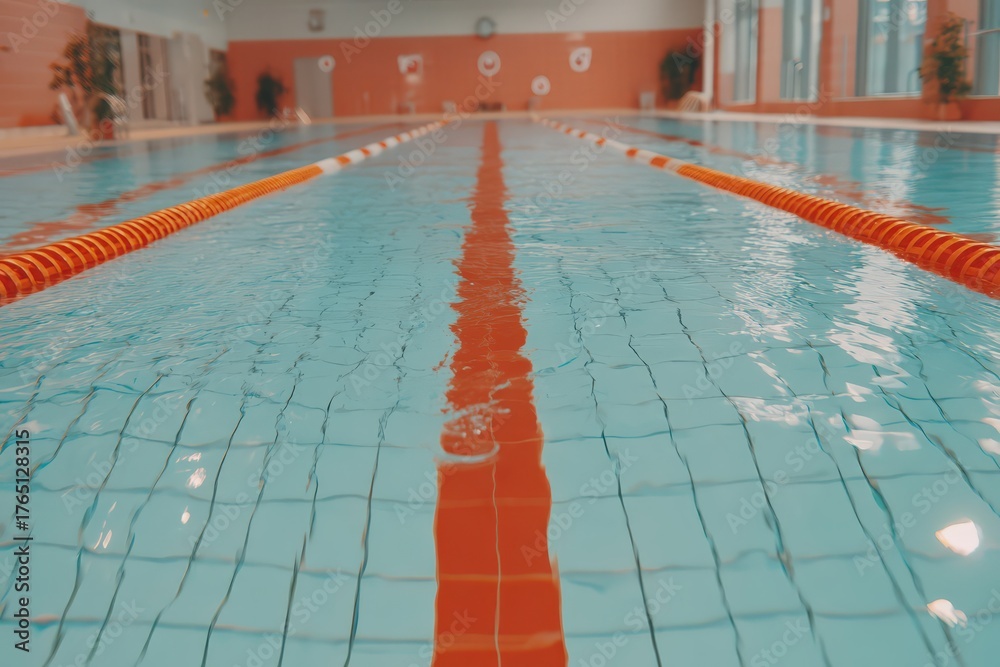 Obraz premium Serenity captured in a pristine indoor swimming pool emphasizing reflections and the soothing colors of clear water along with its vibrant orange lane markers and tranquil ambiance