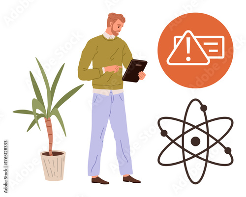 Man holding tablet, analyzing data next to alert and atom icons. Ideal for technology, science, research, education, data analysis, caution and innovation themes. Simple flat metaphor