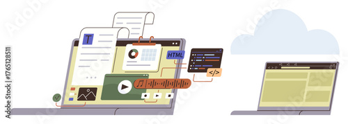 Laptop screen with design elements, code snippet, charts, media files, and cloud storage icon. Ideal for web development, coding, design, teamwork cloud computing content creation and digital