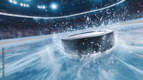 Hockey puck flying toward the net, ice sparks and motion blur, decisive goal moment hockey, goal, puck, ice, net, energy, power, victory, action, motion, competition, winter, adren