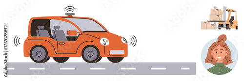 Orange self-driving car emitting signals driving on road, woman smiling, forklift arranging boxes. Ideal for automation, AI, transportation, delivery, technology innovation future trends. Simple