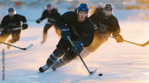 Team practice on ice rink, morning light, players skating and passing pucks, teamwork and training hockey, training, practice, team, sport, energy, teamwork, ice, rink, discipline,