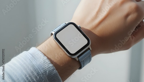 Stylish smartwatch mockup on wrist with blank white screen for app advertising, perfect for tech demos and UI design showcase, modern wearable device