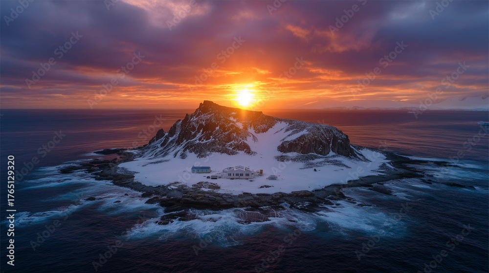 Fototapeta premium Drone view of Vernadsky Research Base surrounded by glaciers and ocean under dramatic Antarctic sunset antarctica, ukraine, vernadsky, station, research, drone, aerial, ice, glacie