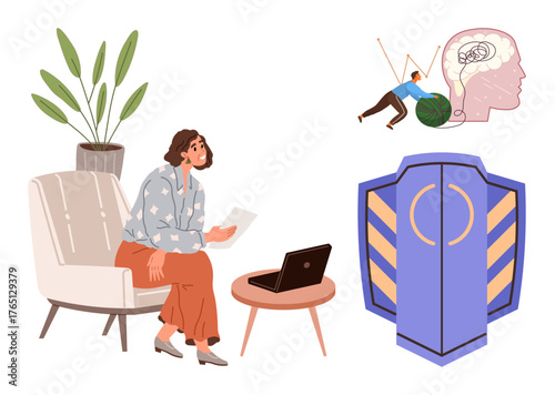 Woman reading papers in cozy setting with laptop, large shield for security, brain with gears and figure pushing ball. Ideal for strategy, mental health, productivity, resilience, innovation