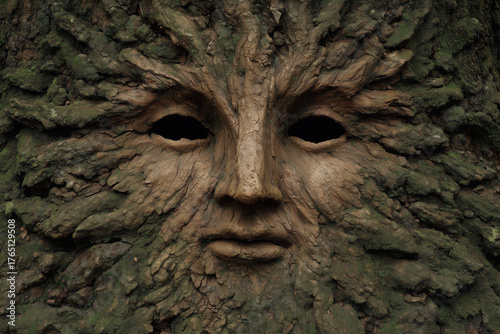 Mystical face of the Green Man, an ancient pagan forest spirit, emerging from mossy tree bark