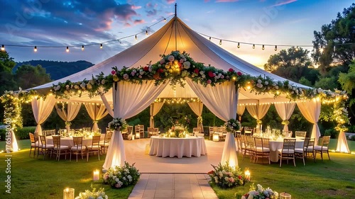 Elegant Outdoor Wedding Tent Reception Scene at Dusk with String Lights and Floral Decorations Set on Lush Green Lawn