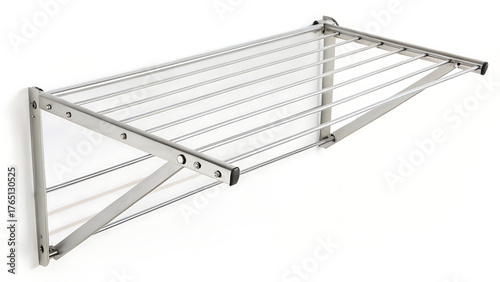 A wall mounted collapsible clothes drying rack made of metal with horizontal bars on a white background