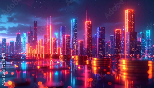 Wallpaper Mural A pile of gold coins or digital tokens reflects the city lights, depicting the concept of technology, digital finance, and the future economy.ne Torontodigital.ca