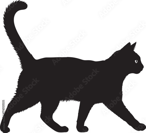 Elegant black cat silhouette walking gracefully with curled tail and alert eyes capturing feline movement and mystery