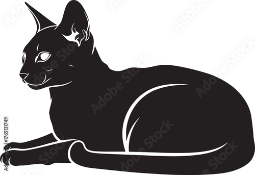 Elegant black cat silhouette reclining gracefully with alert ears and defined features