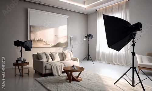 Modern Photography Studio Interior With Soft Sofa Natural Light And Professional Lighting Equipment
