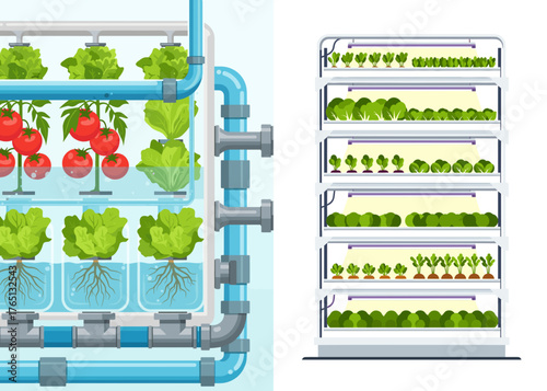Vertical hydroponic vegetable farming set for sustainable agriculture and eco food production design